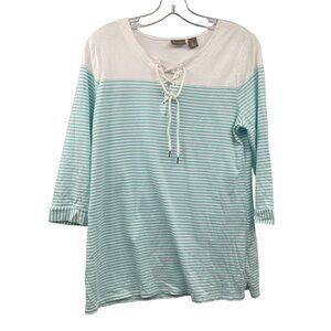 Chico's Womens Striped Top Lace Up Neck Turquoise/White Size Medium